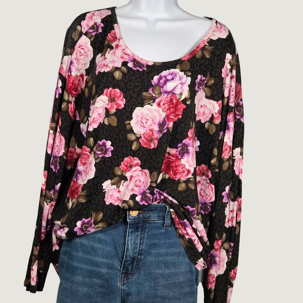 Torrid Women 3 Super Soft Long Sleeve Jersey Knit Top Black Floral Leopard Print
